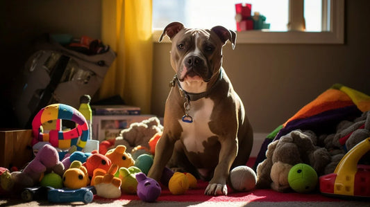 American Bully sitting in a pile of dog toys