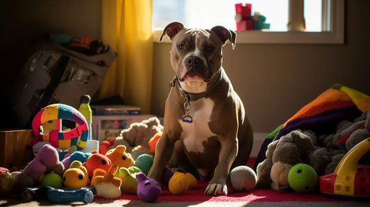 American Bully sitting in a pile of dog toys