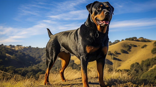 Rottweiler Standing with mountain scenery in the background