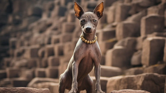 Xoloitzcuintli dog breed standing on stones