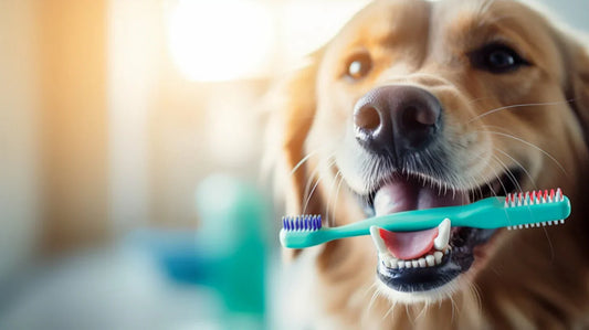 Happy dog showing teeth during dental care – dog dental health tips and oral hygiene for pets.