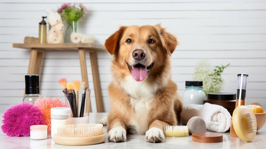 a dog laying by grooming tools