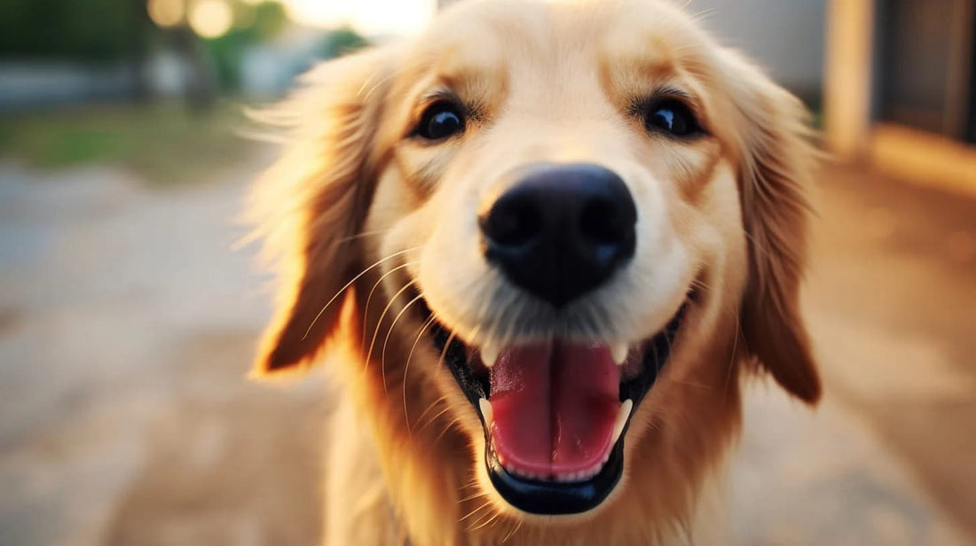 golden retriever smiling after getting its teeth brushed