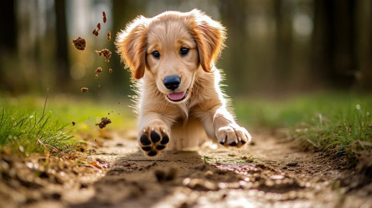 a dog running in a muddy trial