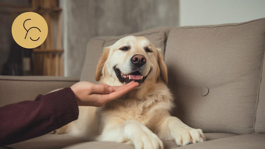 a dog with its paws out and the owner holding his hand out
