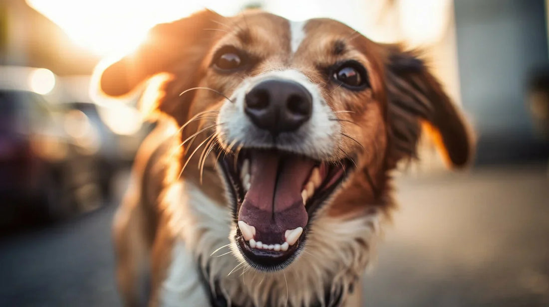 a brown and white dog panting outside