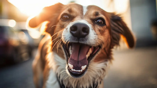 a brown and white dog panting outside