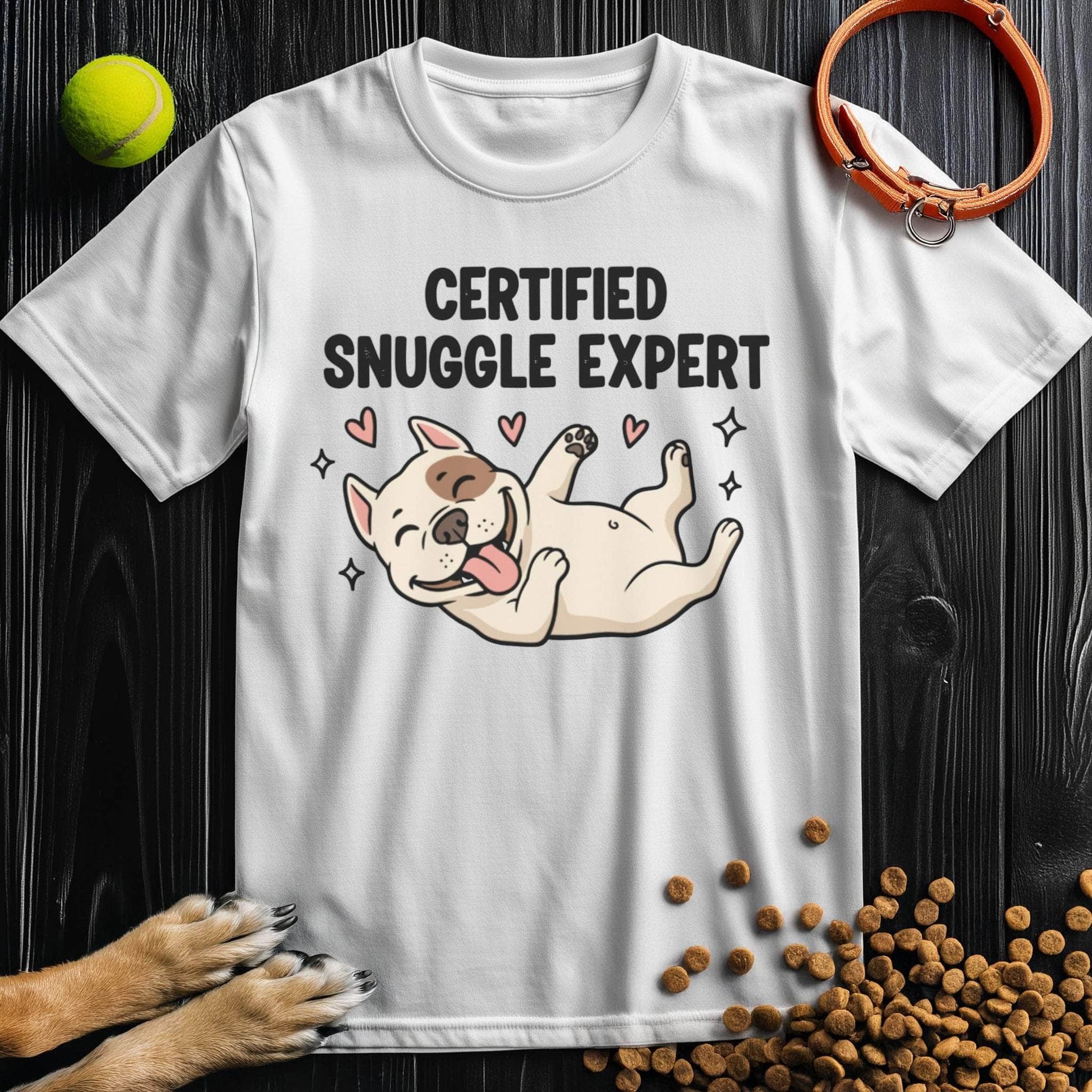 White Certified Snuggle Expert T-Shirt with cute dog illustration and heart accents, made from 100% cotton for comfort and style.