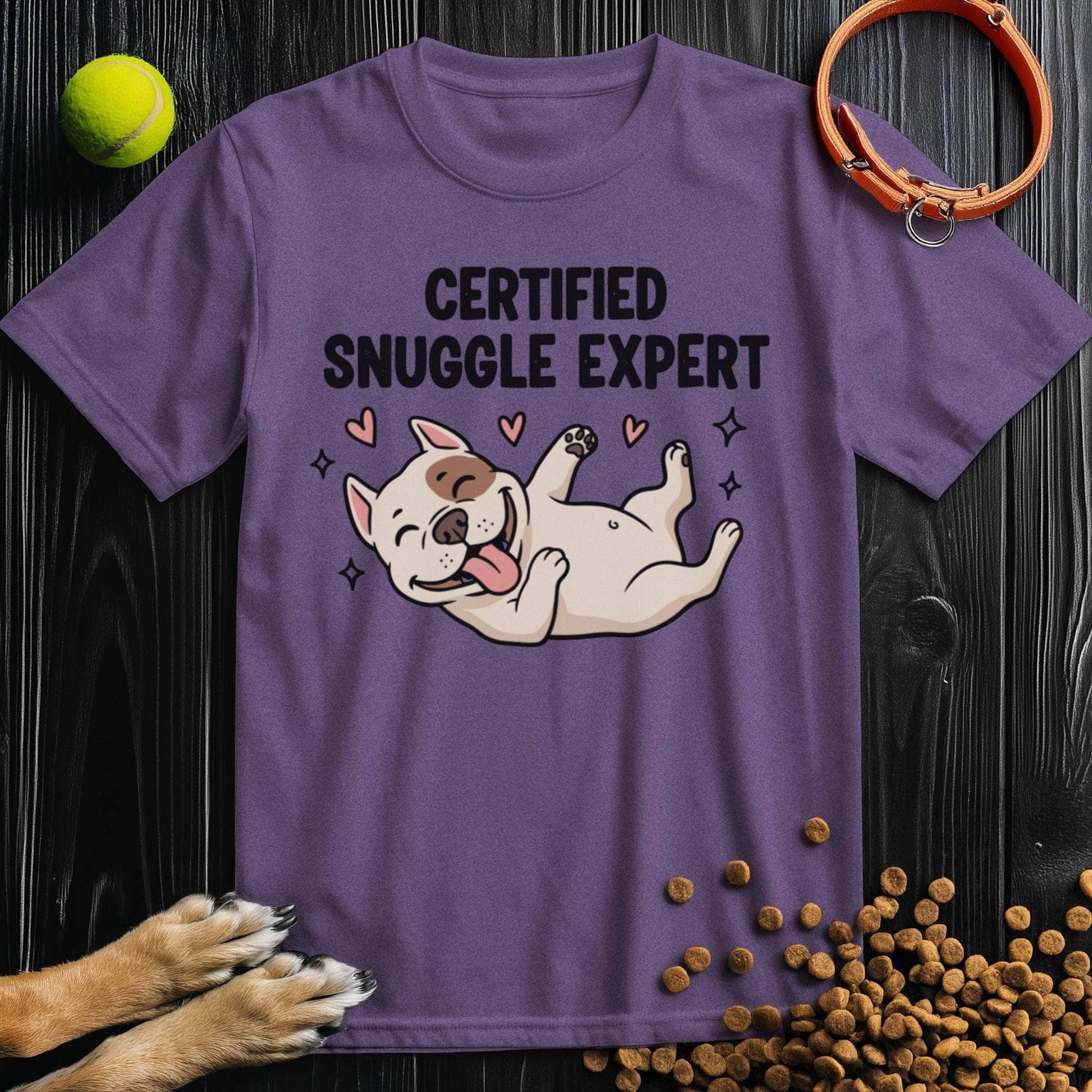 Purple Certified Snuggle Expert T-Shirt with adorable dog design, part of cotton comfort fit Dog Graphic Tees for pet lovers.