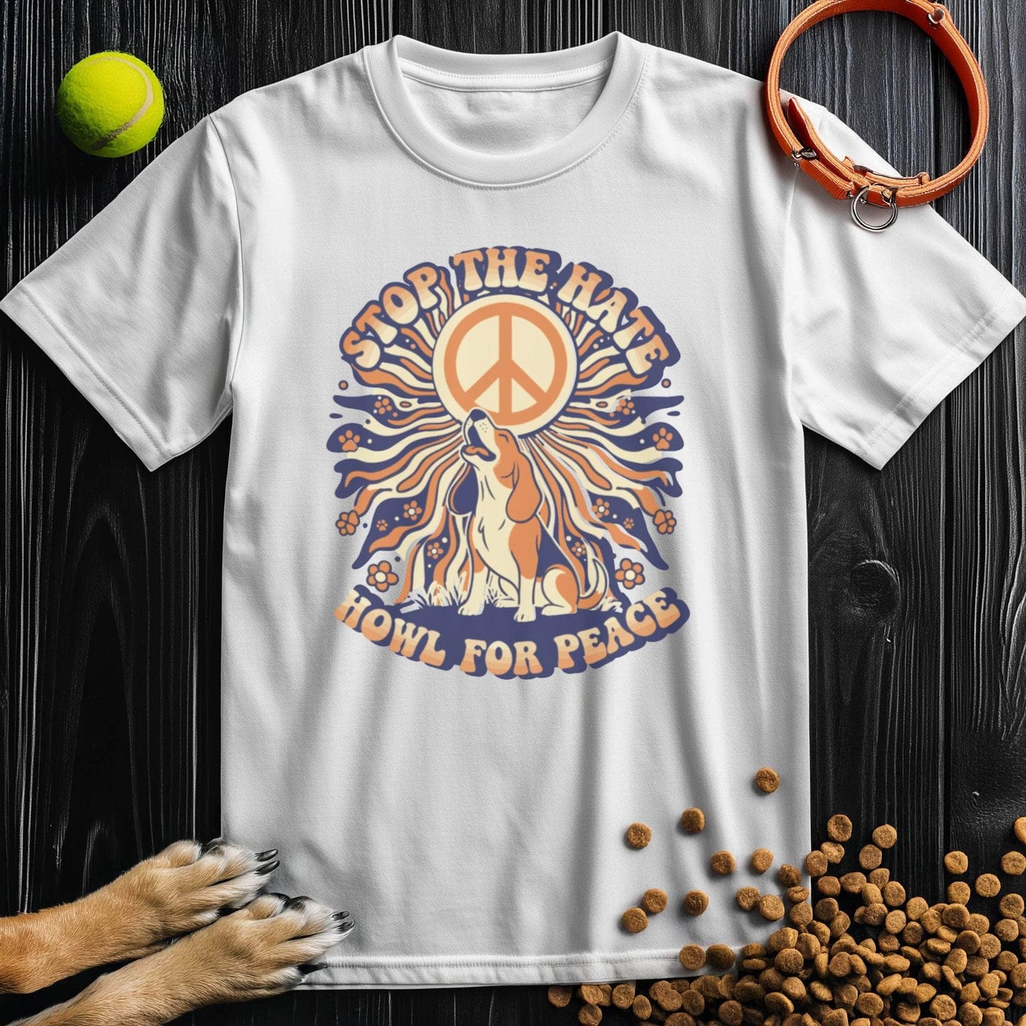 White Howl For Peace T-Shirt with colorful dog and peace design. Ethically made cotton shirt for men and women who love dogs.
