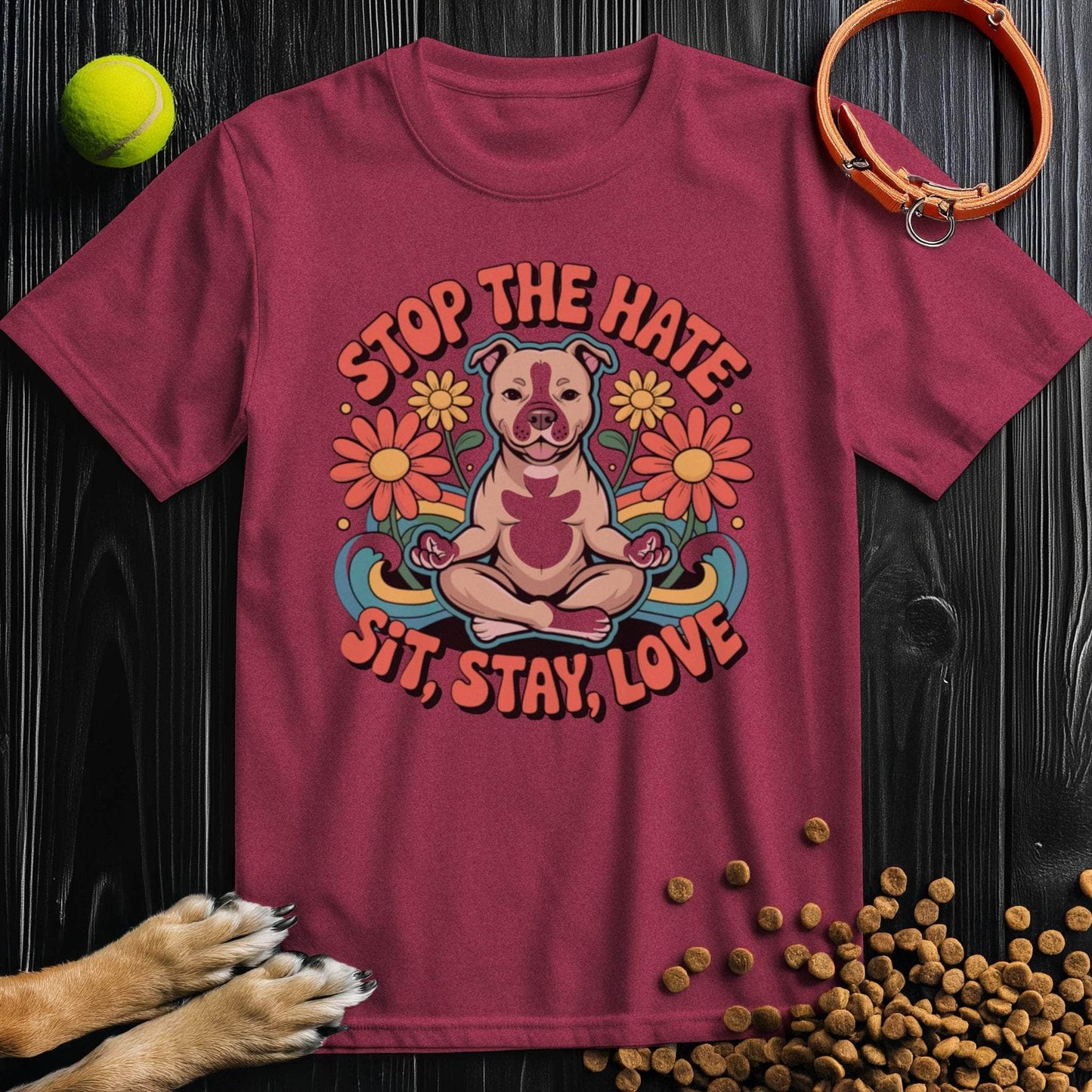 Maroon Sit, Stay, Love T-Shirt with peaceful dog and floral illustration. Ethically made cotton tee perfect for dog fans and casual looks.
