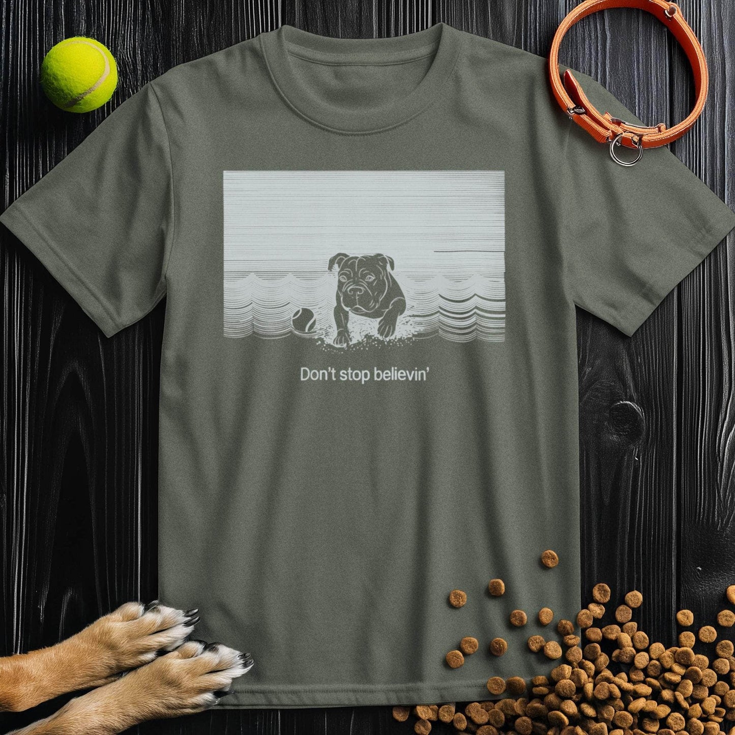Olive green Dog T-Shirt with a dog and wave graphic and 'Don't Stop Believin' slogan. Soft 100% cotton shirt for dog enthusiasts.