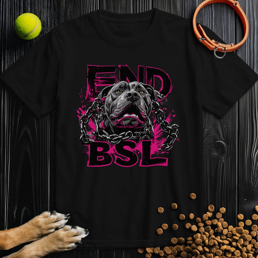 Black End BSL T-shirt featuring a pit bull breaking chains with bold pink text. Made from 100% US cotton, ethical and comfortable.