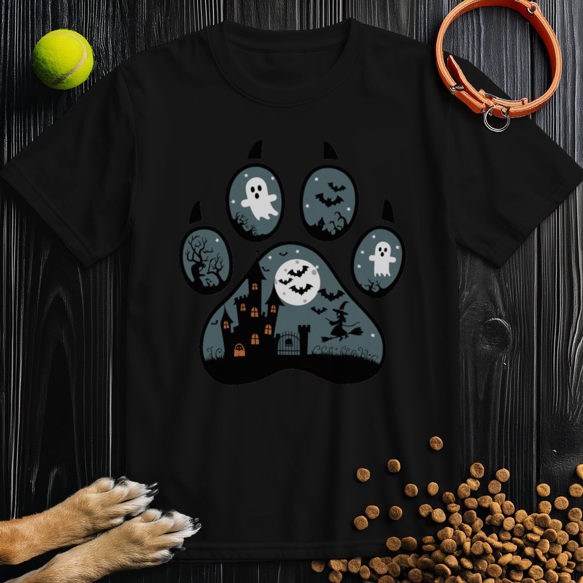 Black Wicked Paw Print Tee with ghost and bat illustrations inside a paw print. Soft cotton fabric ideal for casual wear.