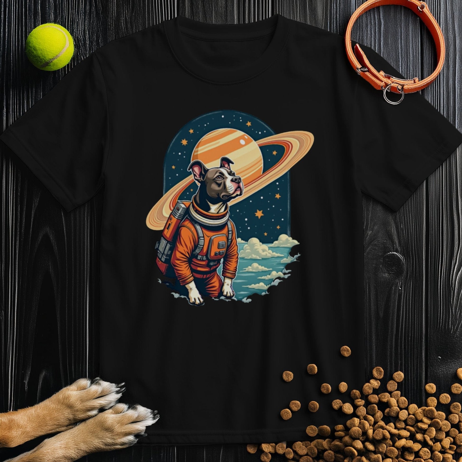 Black Cosmic Canine Shirt showcasing a dog in a space suit with Saturn. A bold, regular fit tee perfect for pet enthusiasts.