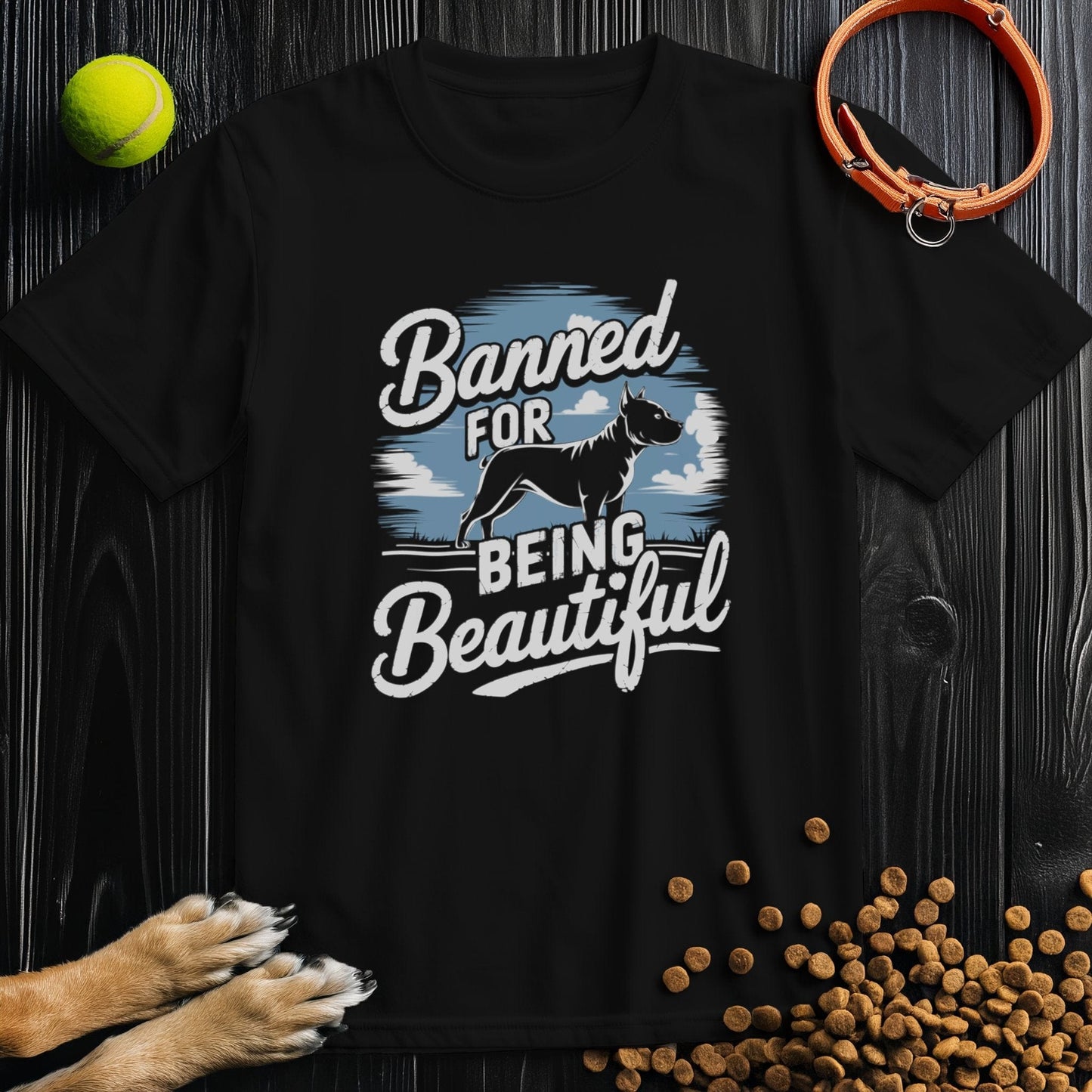 Black Banned for Beauty Dog Tee with pitbull graphic and stylish lettering. A sustainable cotton t-shirt for dog and pitbull enthusiasts.