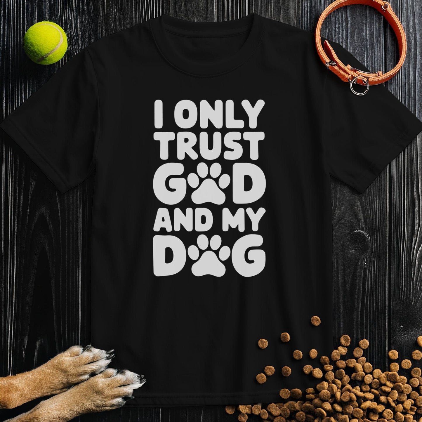 Black Dog and God T-Shirt with bold white text and paw print design, 100% cotton, perfect for pet lovers and casual wear.