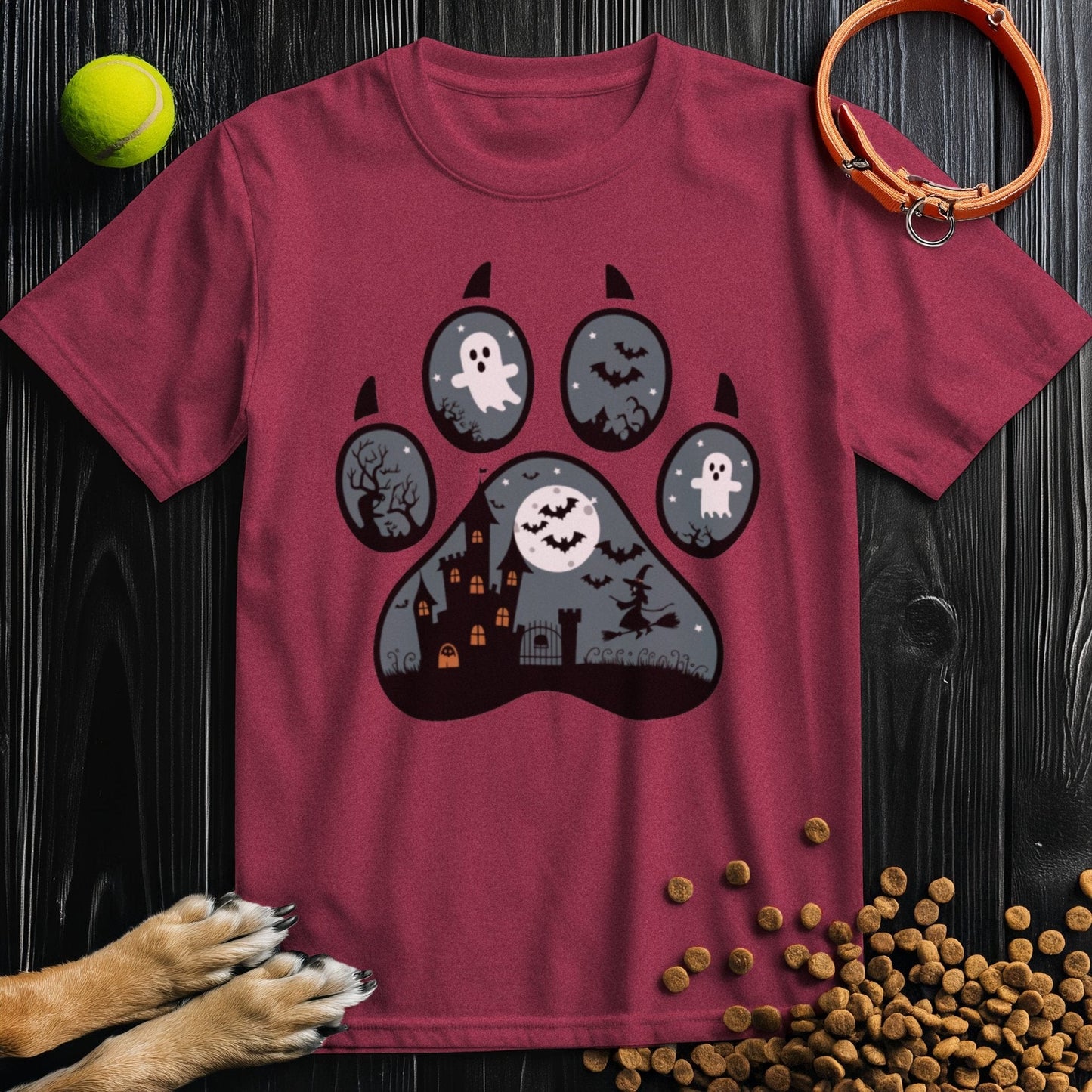 Maroon Wicked Paw Print Tee with a haunted paw design. Stylish and cozy cotton shirt for dog lovers and Halloween fans.
