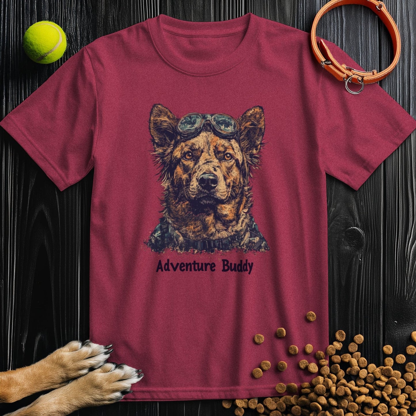 Maroon Adventure Buddy T-Shirt with a dog in goggles design, stylish and ethical cotton t-shirt for dog lovers and pet enthusiasts.