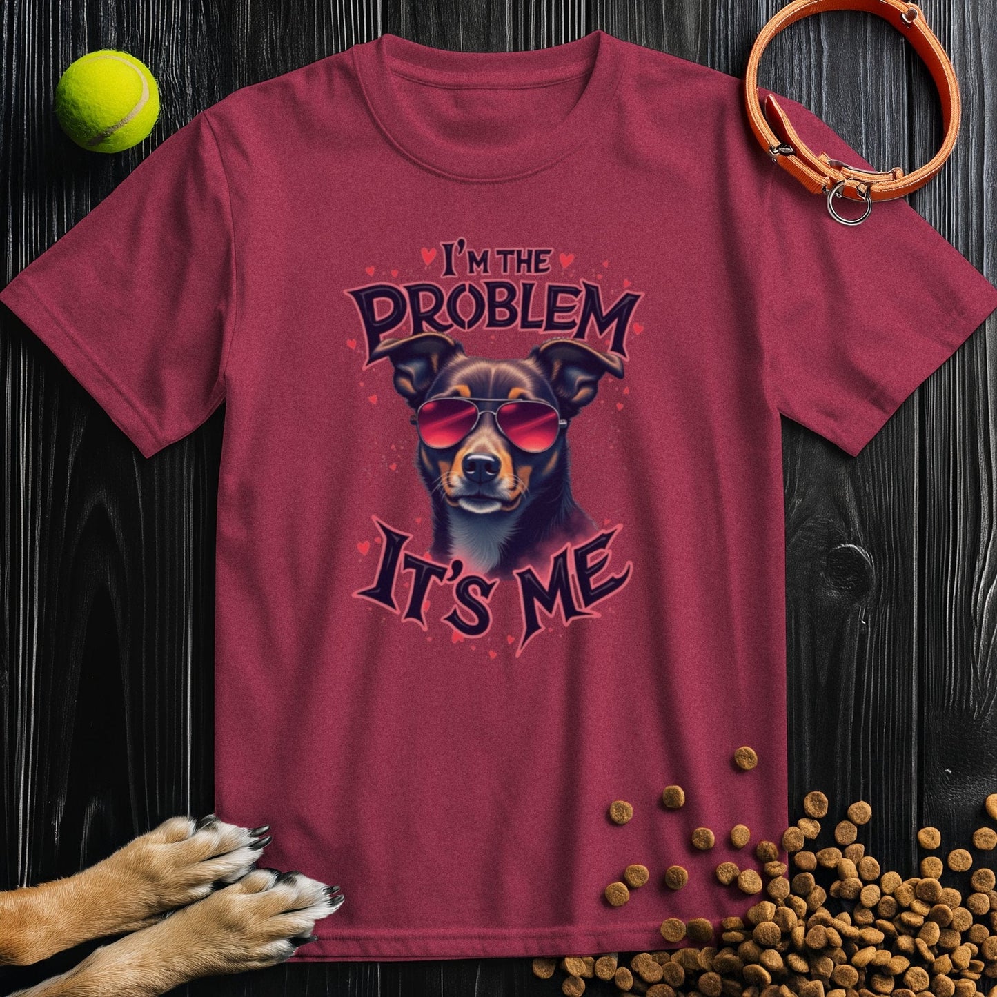 Red The Problematic Pooch T-Shirt for dog enthusiasts, 100% cotton with fun canine design and 'I'm the Problem It's Me' statement.