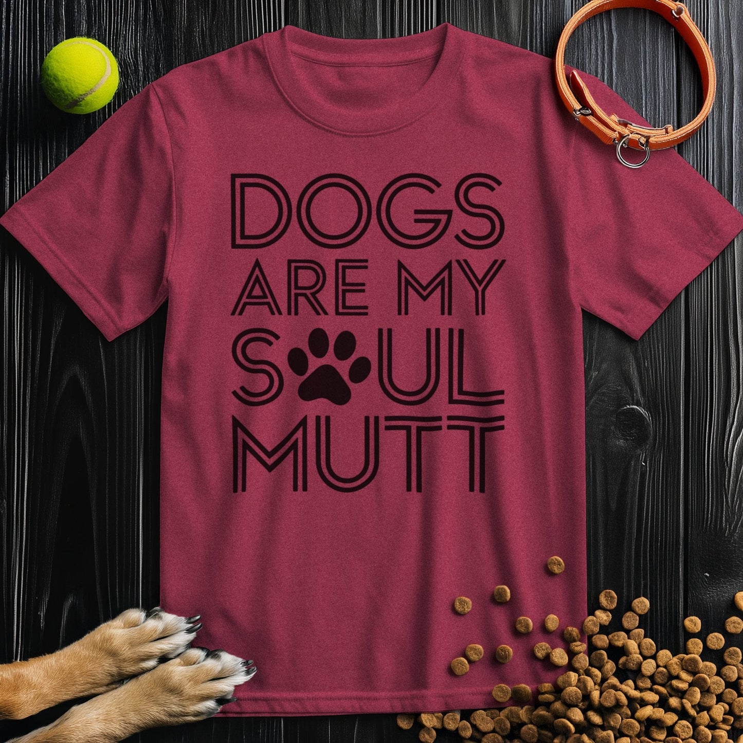 Maroon 'Dogs Are My Soul Mutt' T-shirt with black lettering and paw symbol, ethically made cotton tee for dog lovers of all ages.