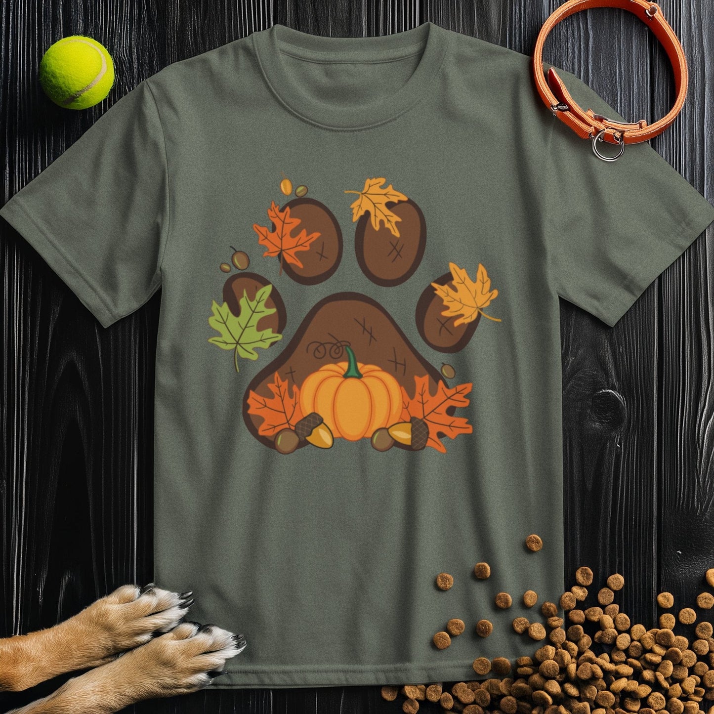 Olive green t-shirt from the Harvest Paw Prints Collection with a seasonal paw print design, made of ethical US cotton for dog lovers.