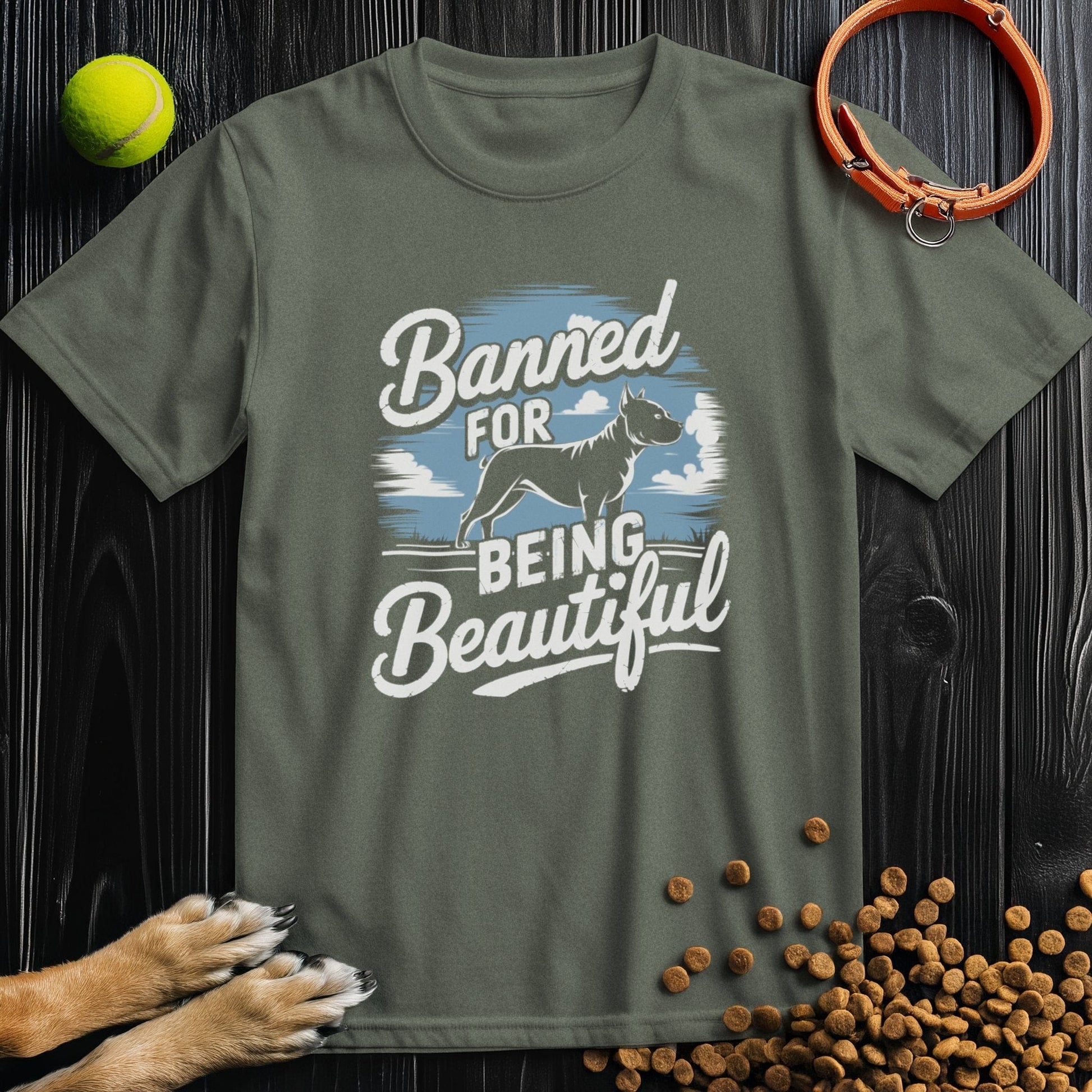 Olive green Banned for Beauty Dog Tee with pitbull silhouette and eco-friendly cotton. A must-have t-shirt for pitbull supporters.