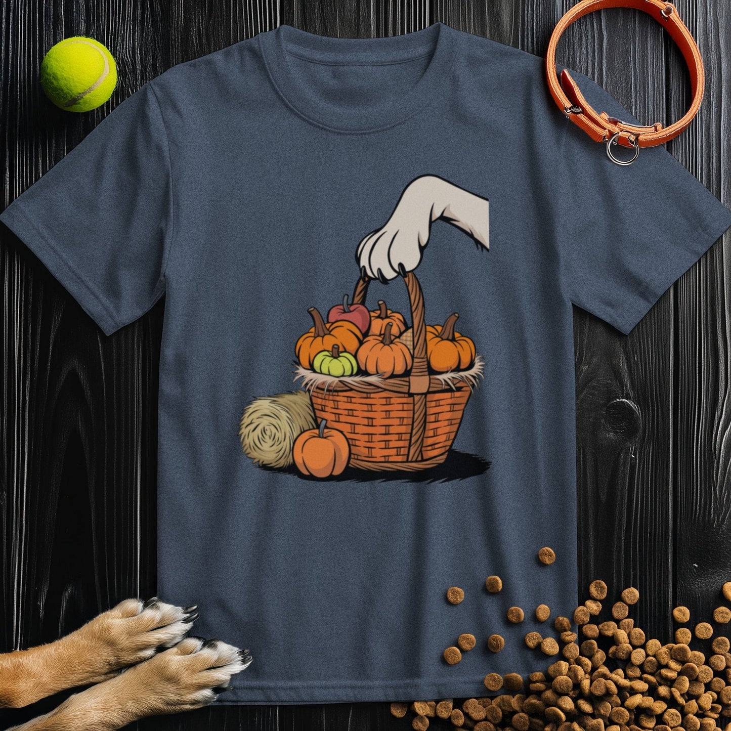 Navy blue Dog Lovers T-Shirt with dog paw and pumpkin basket design. Perfect cotton tee for fall style and pet enthusiasts.