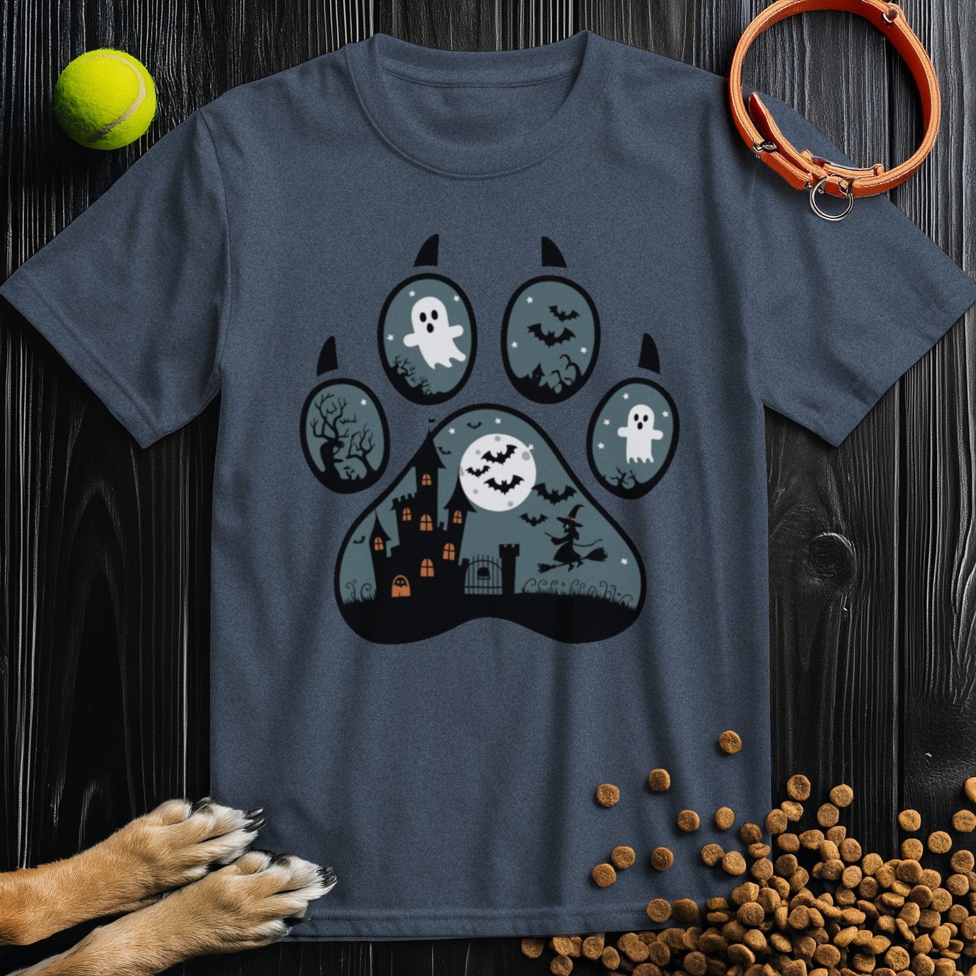 Wicked Paw Print Tee in navy blue featuring a spooky dog paw design with ghosts and bats. Made from 100% cotton for comfort and style.
