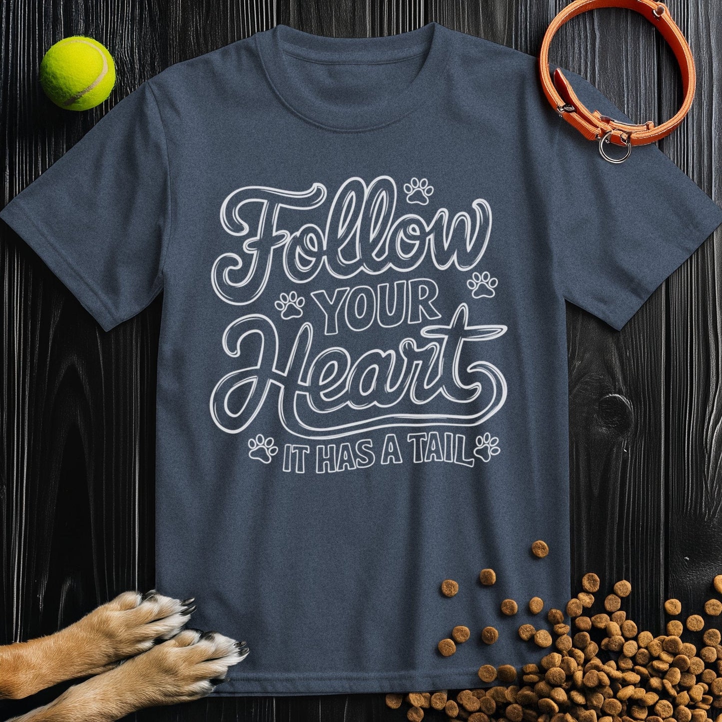 Navy Dog Lover T-Shirt featuring 'Follow Your Heart It Has A Tail' design, made from soft 100% cotton for everyday comfort.