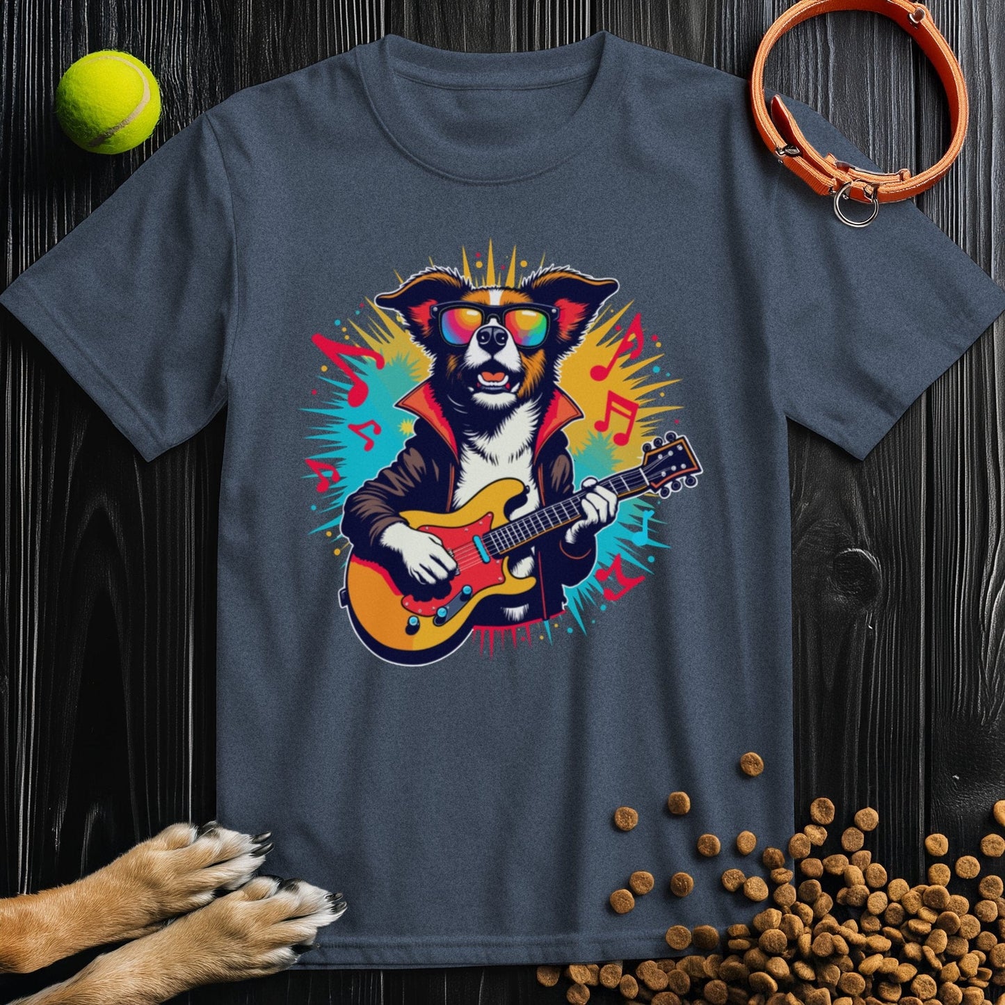 Dark gray dog themed shirt with vibrant rocking puppy guitar design. Perfect for casual wear and fans of music and dogs.