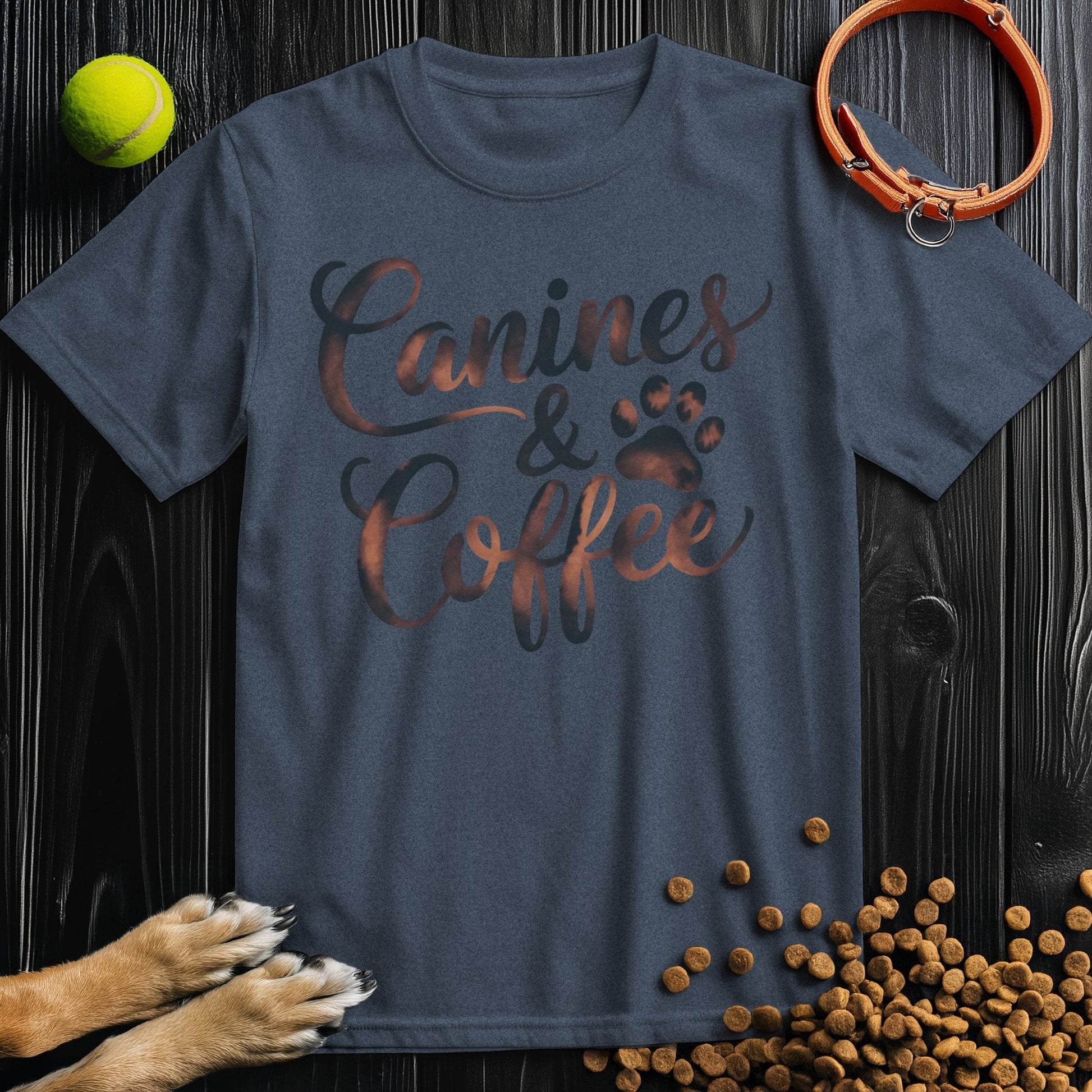 Canines & Coffee Tee in navy blue, featuring a paw print graphic, made from soft ring-spun cotton for casual pet-friendly style.