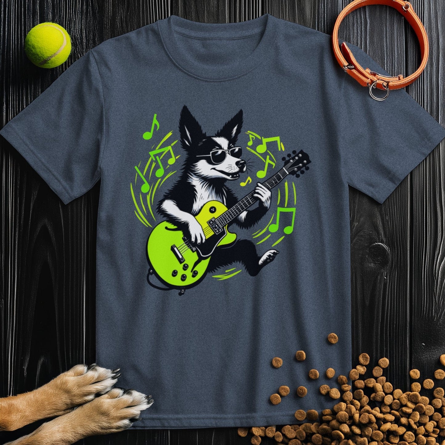 Rockin' Pup Vibes T-Shirt in navy with a guitar-playing dog graphic and green music notes. Fun cotton tee for dog lovers and casual wear.