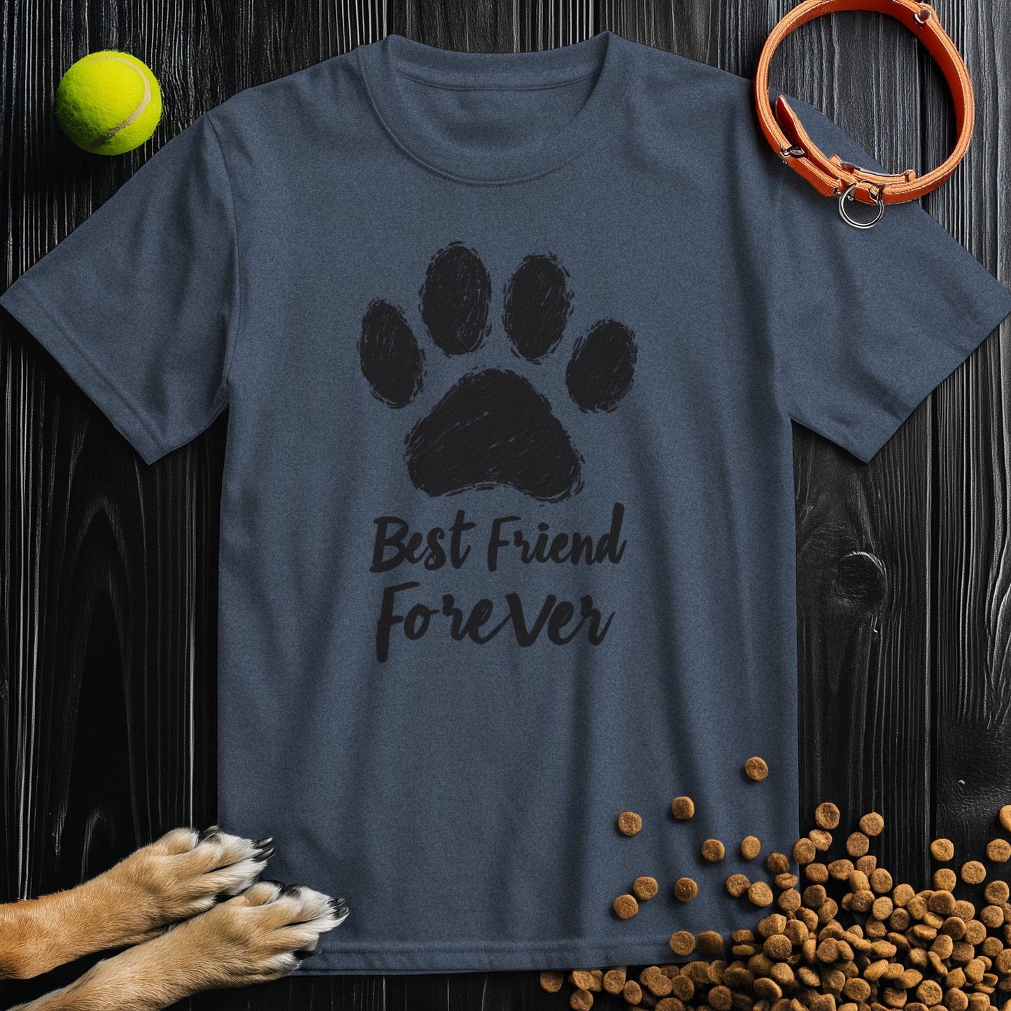 Navy Forever Black T-Shirt with black paw print and 'Best Friend Forever' slogan. Crew neck cotton tee for pet-themed fashion lovers.
