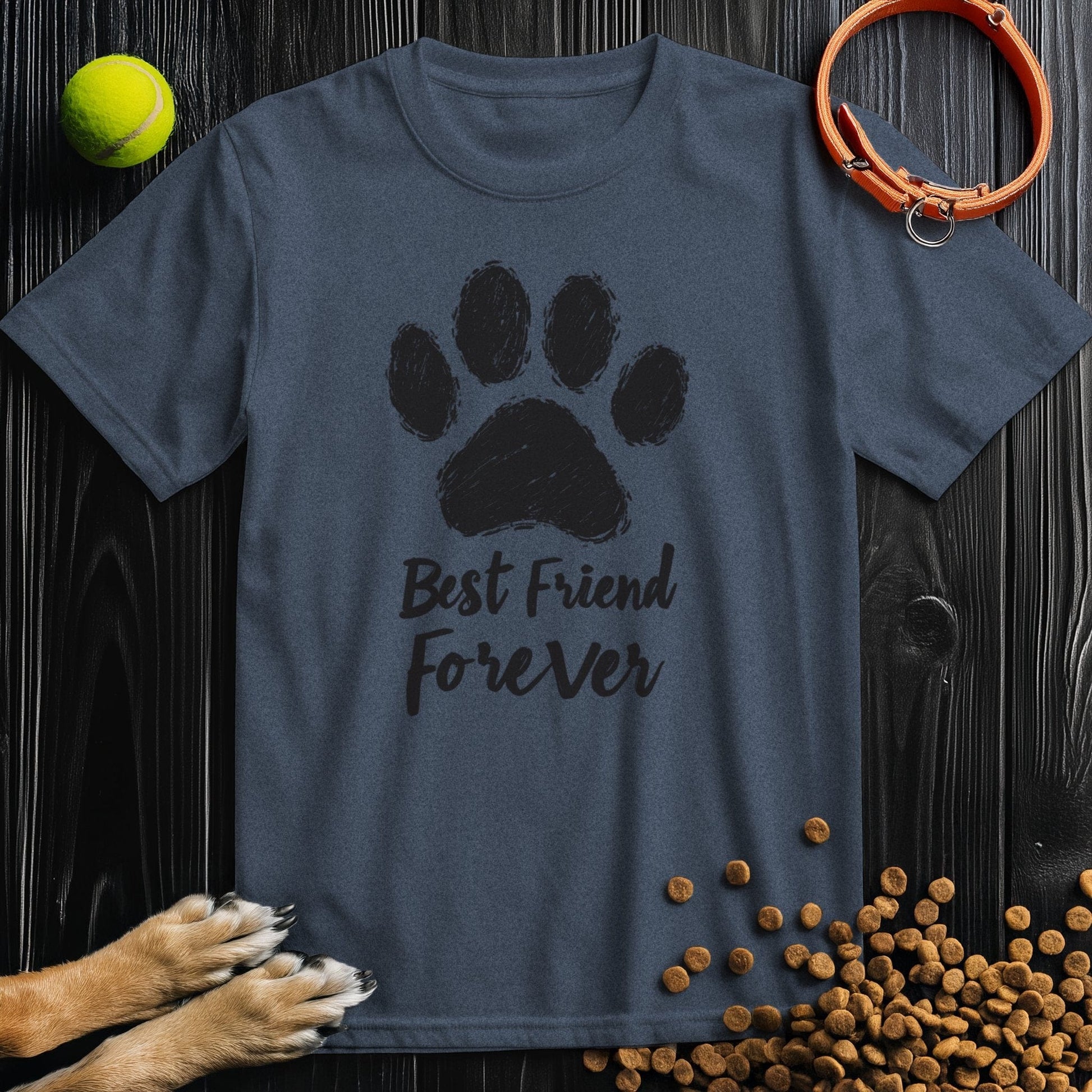 Navy Forever Black T-Shirt with black paw print and 'Best Friend Forever' slogan. Crew neck cotton tee for pet-themed fashion lovers.