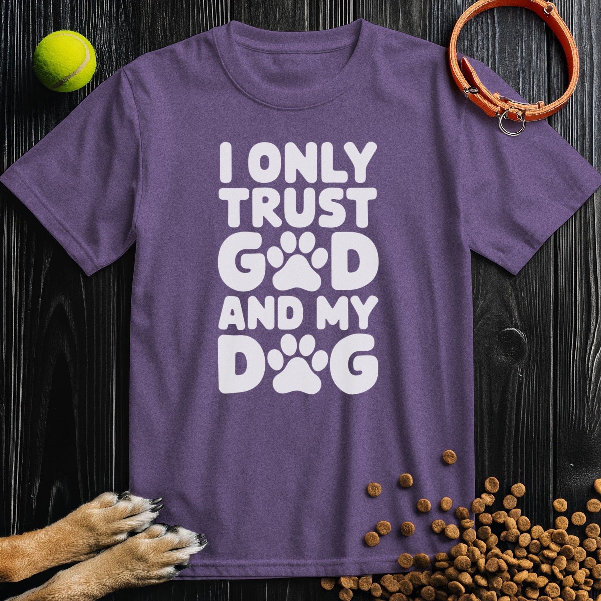 Purple Dog and God T-Shirt in 100% cotton with playful paw print typography, ideal for dog lovers seeking stylish casual wear.