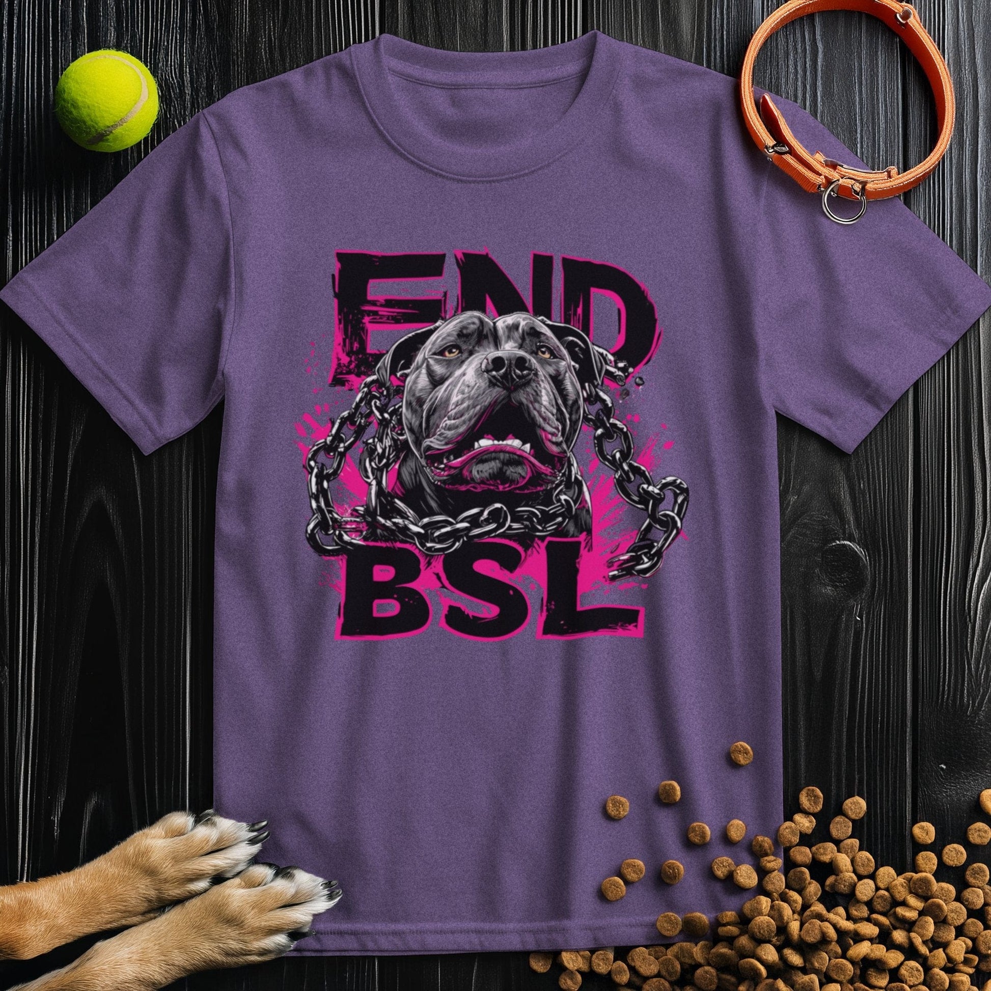 Purple Break the Chains End BSL T-shirt with pit bull graphic and pink lettering. Ethically made from soft US cotton for everyday wear.