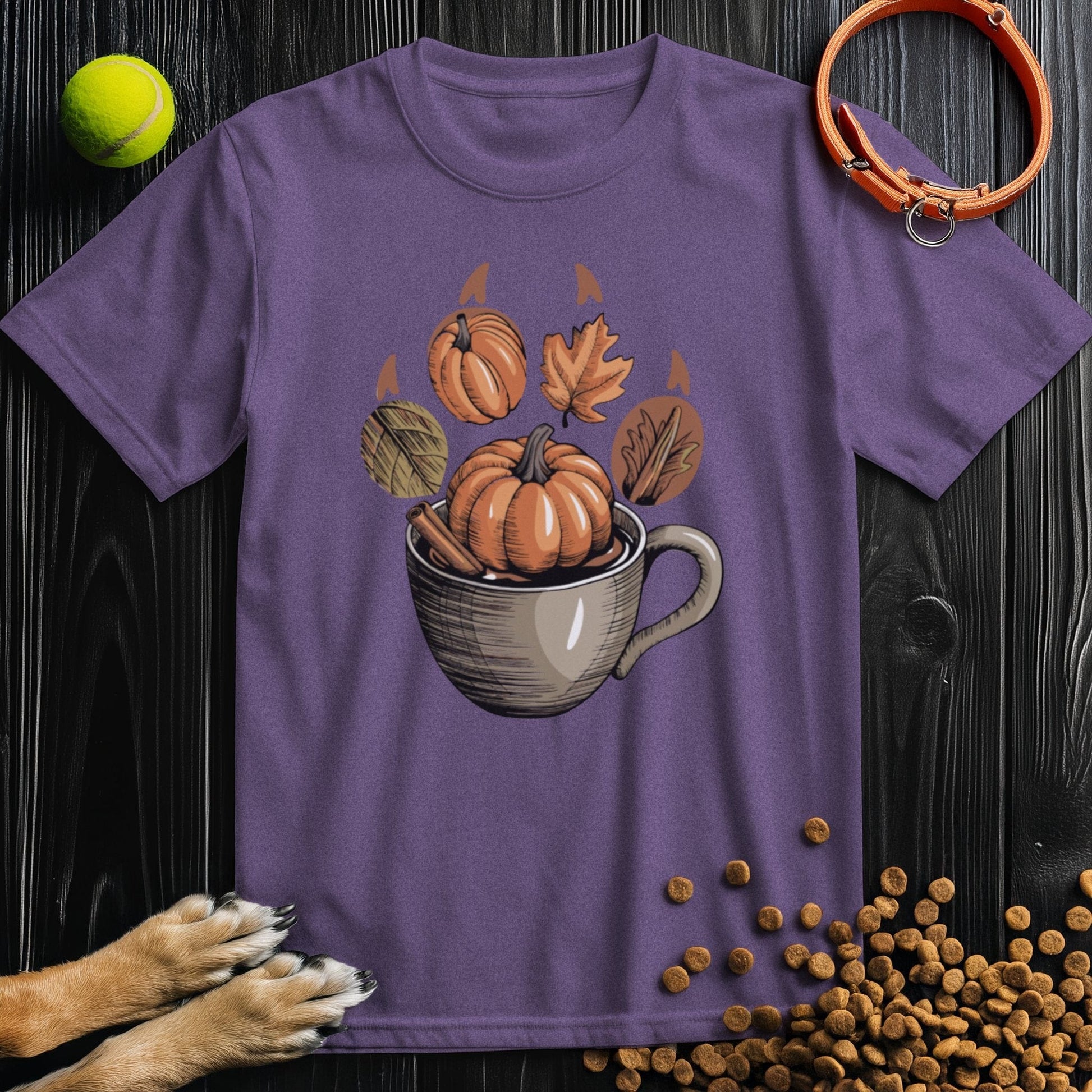 Purple Autumn Brew Paw Tee with fall pumpkin and leaf print, 100% cotton ethical t-shirt perfect for autumn fashion lovers.