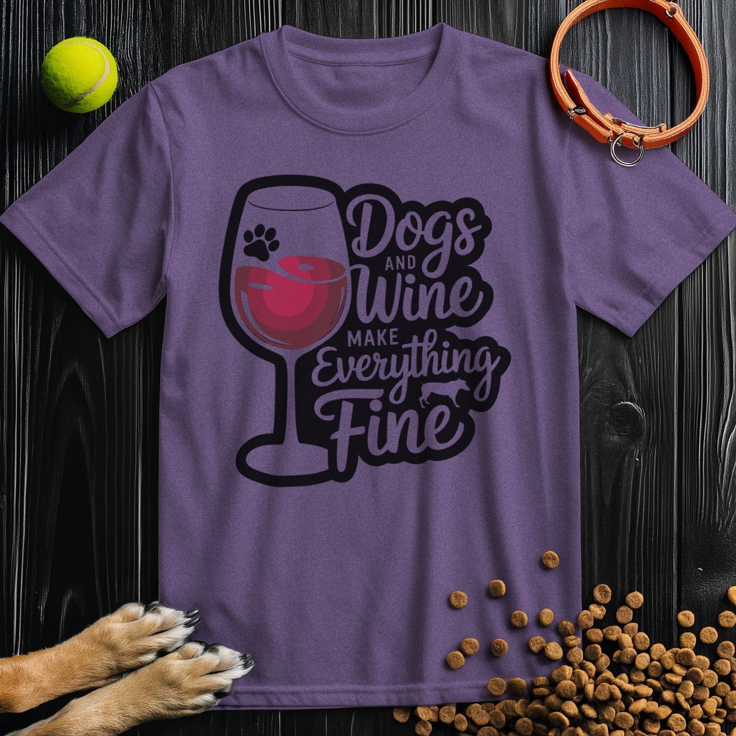 Purple 100% cotton Wine Drinking T-Shirt with playful 'Dogs and Wine Make Everything Fine' design, perfect for relaxed outings.