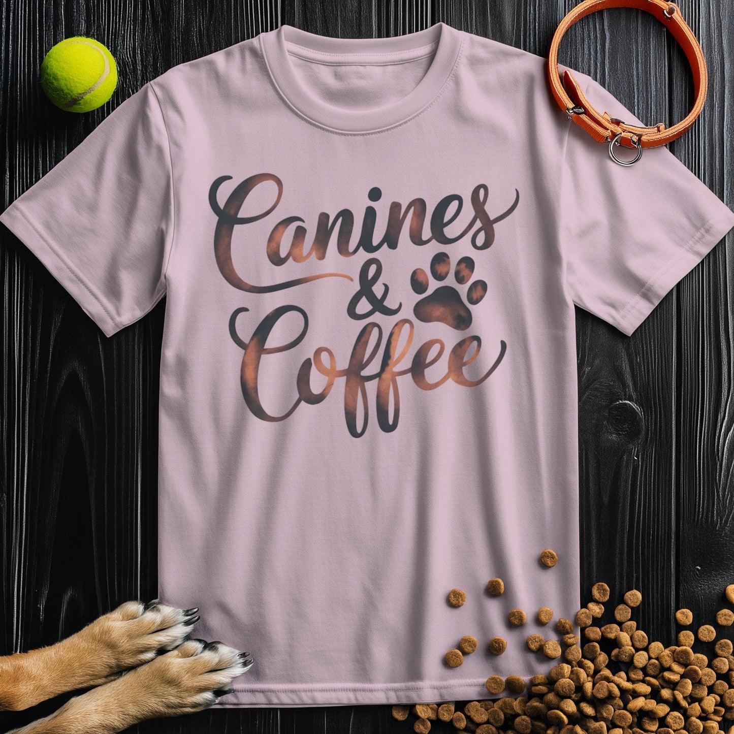Light pink Canines & Coffee T-Shirt with paw print design, soft cotton tee combining pet passion and coffee culture in one look.