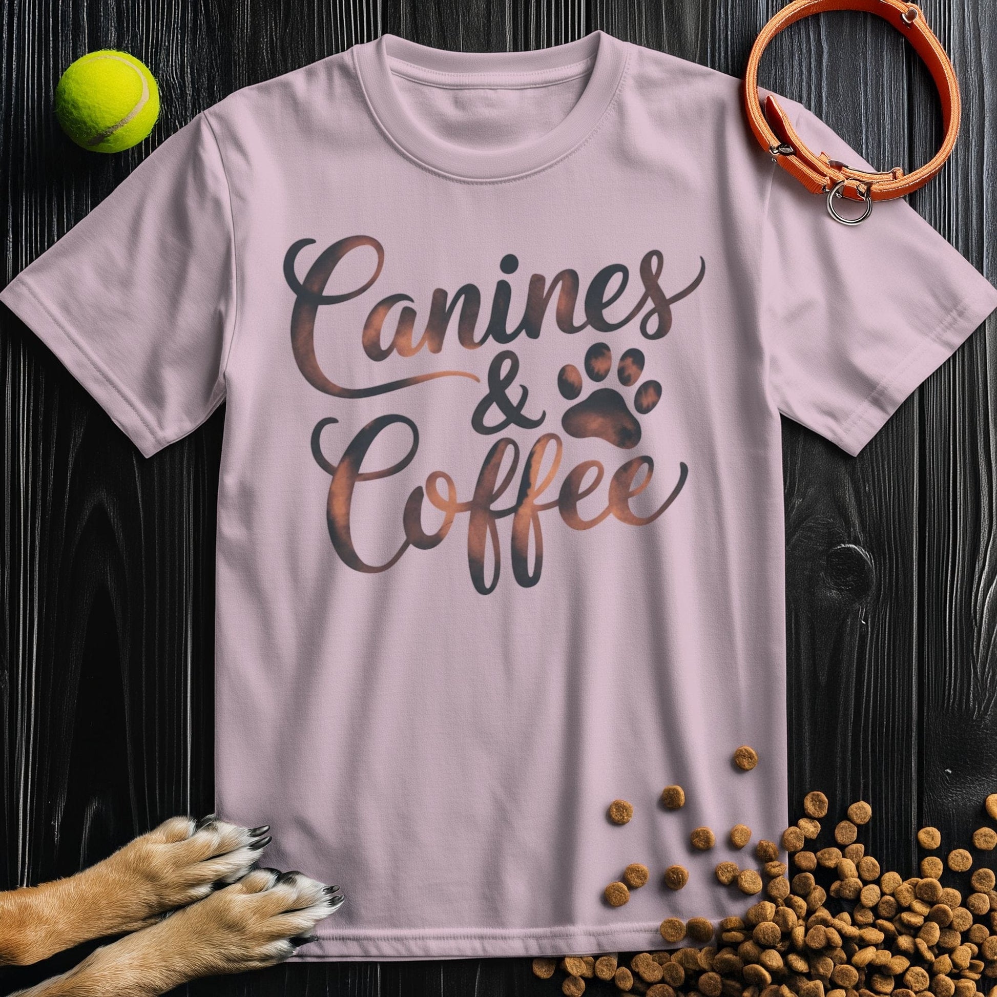 Light pink Canines & Coffee T-Shirt with paw print design, soft cotton tee combining pet passion and coffee culture in one look.