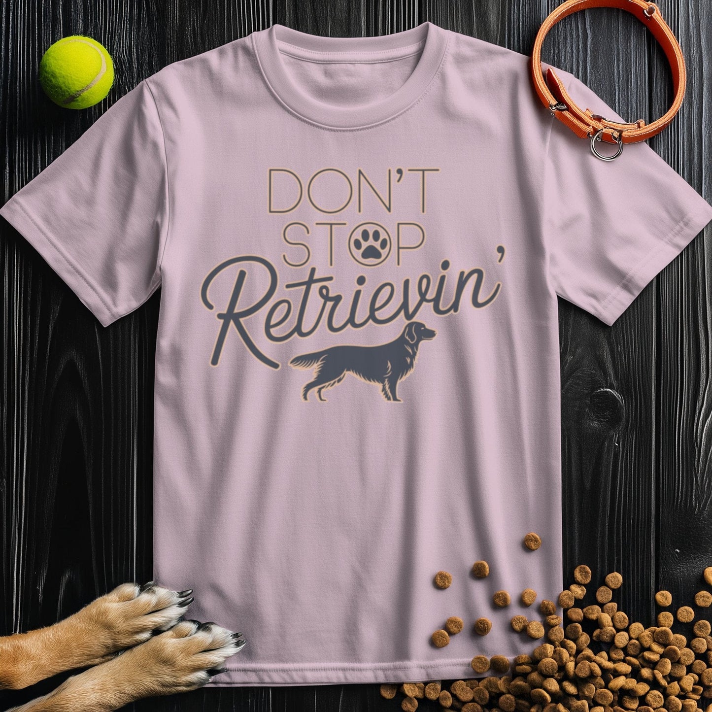 Golden Vibes T-Shirt - Retriever Shirt in light pink with paw print and retriever design. Ethically produced cotton shirt for pet lovers.