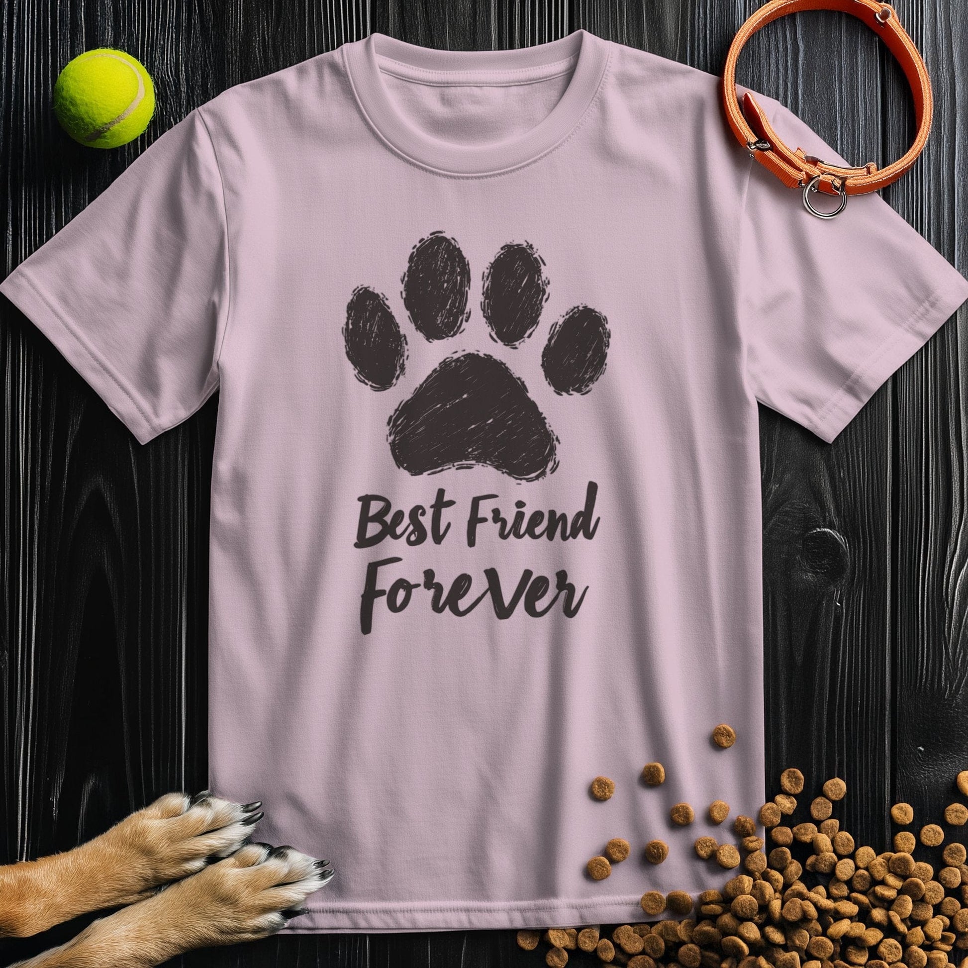 Light pink Forever Black T-Shirt with paw print and 'Best Friend Forever' design. Soft cotton crew neck tee for pet lovers and casual wear.