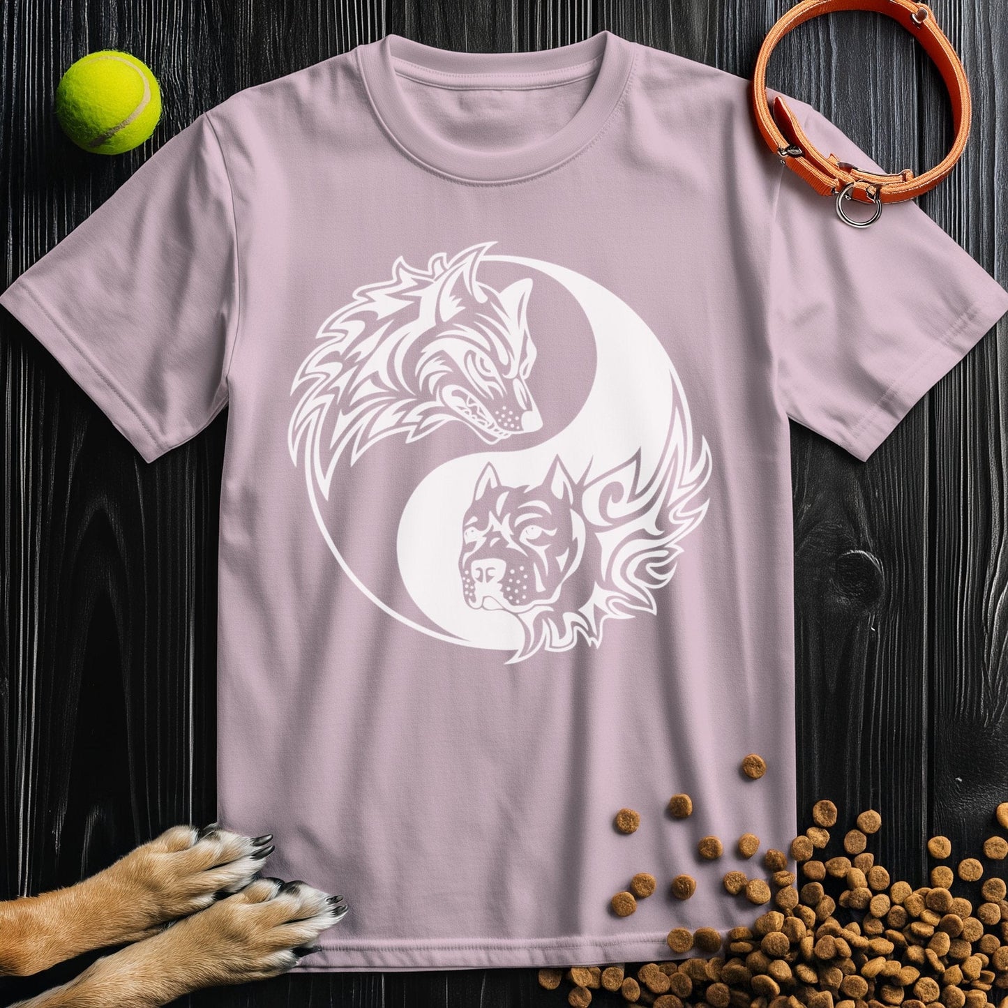 Light pink Yin-Yang Wolf & Dog T-Shirt with a soft cotton feel. Showcases a dog and wolf yin-yang design, perfect for pet lovers' wardrobes.