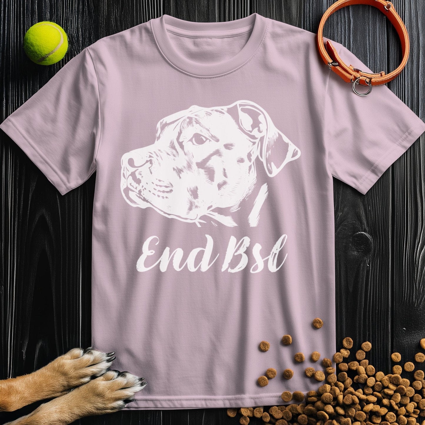 Light pink End BSL Pitbull Dog T-Shirt with bold white graphic, ethically produced for dog lovers promoting breed equality.