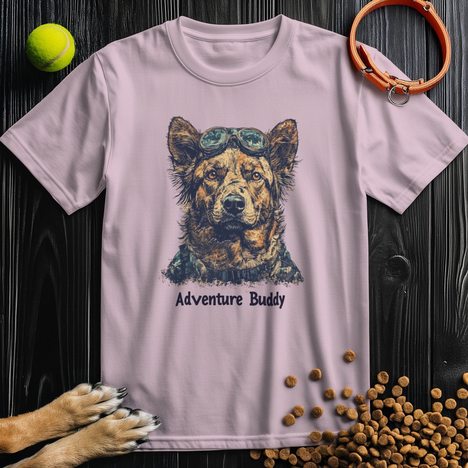 Light pink Adventure Buddy T-Shirt featuring a dog in goggles, soft cotton tee for dog lovers, perfect for summer and casual outings.