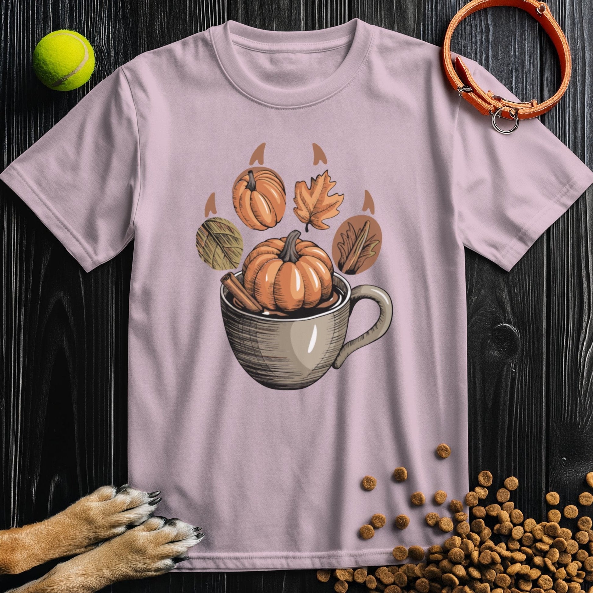 Light pink Autumn Brew Paw T-Shirt with cozy fall pumpkin design, made from soft 100% cotton for ethical seasonal fashion.