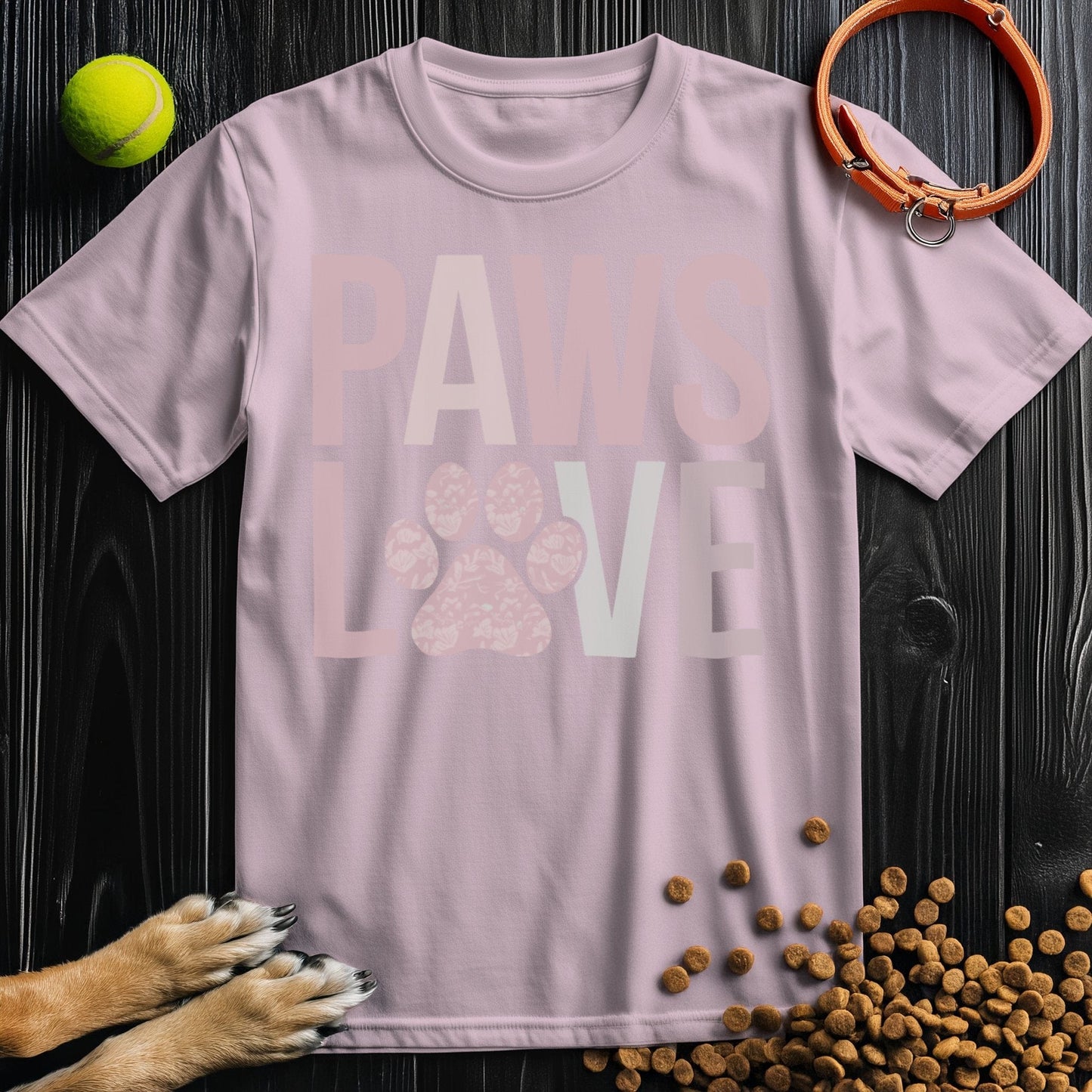 Light pink Paws Love T-Shirt with subtle paw print design. Cotton crew neck shirt for dog lovers, eco-conscious and summer-ready.