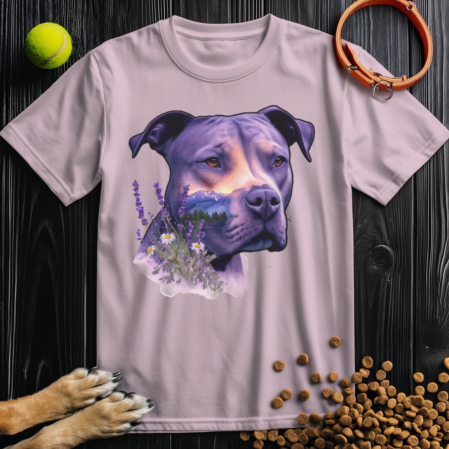 Nature's Guardian Shirt - Pitbull Dog T Shirt in light pink, featuring a peaceful pitbull and lavender field graphic, stylish and eco-conscious.