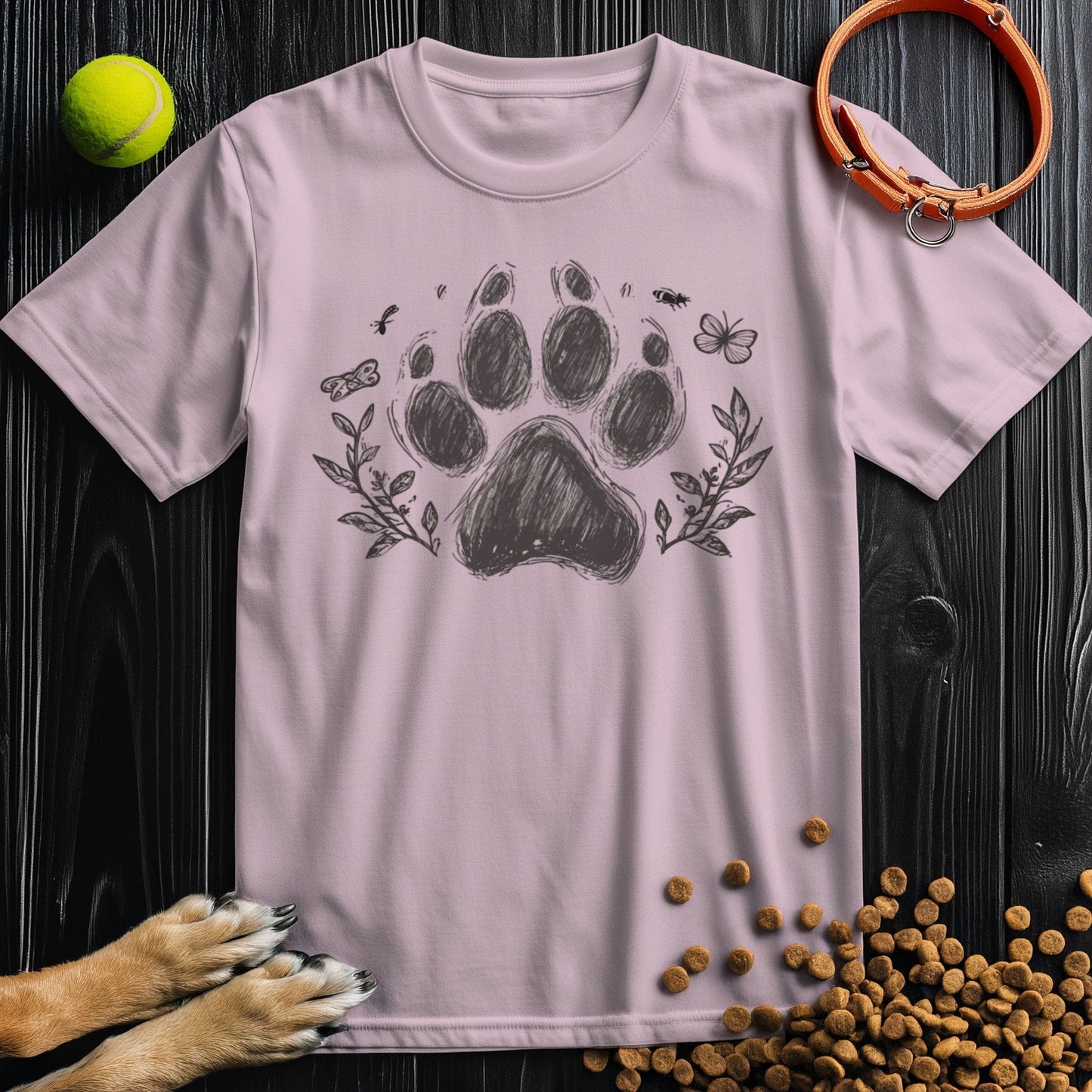 Light pink dog-themed cotton t-shirt with paw print and floral artwork. Soft, stylish, and perfect for dog lovers who enjoy comfort.